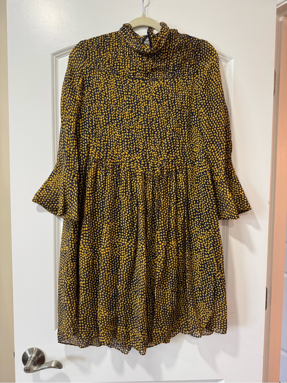 Dorothee Schumacher Silk High-Neck Long Sleeve Navy Mustard Polkadot Dress